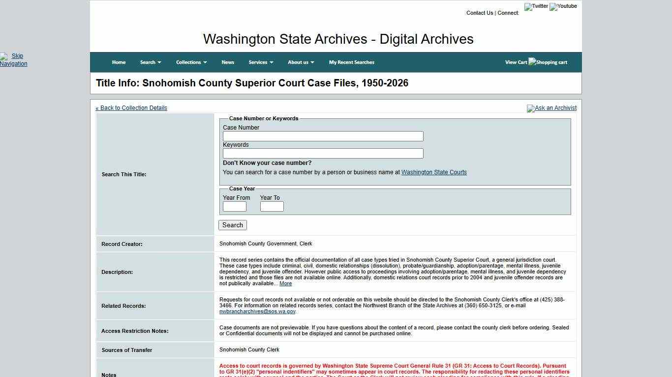 Washington State Archives, Digital Archives - Title Info: Snohomish County Superior Court Case Files, 1950-2026